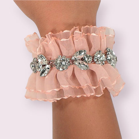 Handmade apricot frilled organza  bracelet, featuring floral diamante details, perfect for children’s weddings, birthdays, and formal occasions.