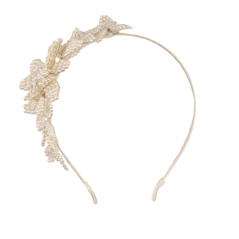 Buy best designer girls pearl flower headband.  Handmade with ivory pearl beads and clear crystals.  Perfect wedding accessory for bridesmaids and flower girls.
