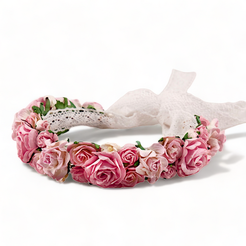 Close-up of The Rose Bud Designer Girls' Flower Crown showcasing hand-painted pink roses on an adjustable band.  Perfect for bridal and special occasionwear for children.