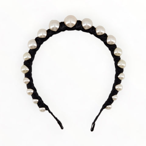 Girls handmade pearl headband, handbeaded with luxury black satin by Sienna Likes to Party