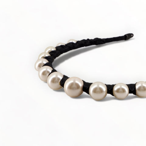 Girls Black and Ivory pearl headband - individually designed and handmade by Sienna Likes to Party - the Specialists in hand beaded hair accessories for Children