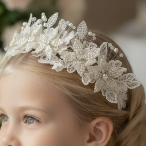 Handmade ivory bridal headband for girls with couture pearl embroidery
