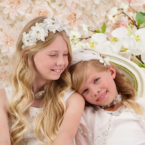 Luxury Wedding Hair Accessories for Children by Sienna Likes to Party.  Each piece is individually  handmade with crystals and pearls on beautiful lace, making the perfect flower girl accessory or special occasion gifting.