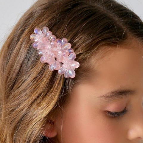 The Estee Luxury kids hairclip, is entirely handcrafted with sparkling pink crystals, Designed and created by Sienna Likes to Party, elegant hair accessories for children, perfect for girls birthday parties, weddings and special occasionwear.