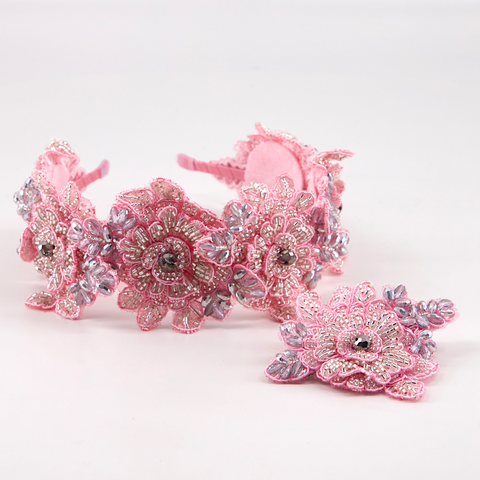 Girls pink handmade hair accessories by Sienna Likes to Party Brand.  Hadraniel handmade headband, pink flower lace, hand stitched with silver crystals.