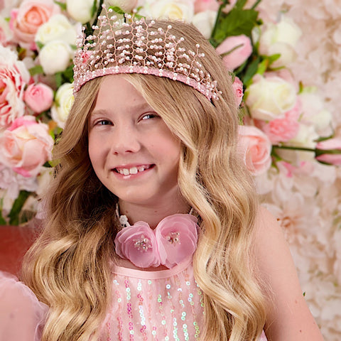 Best girls handbeaded hair accessories - pink tiara.Designer princess crown and necklace for weddings and birthdays.