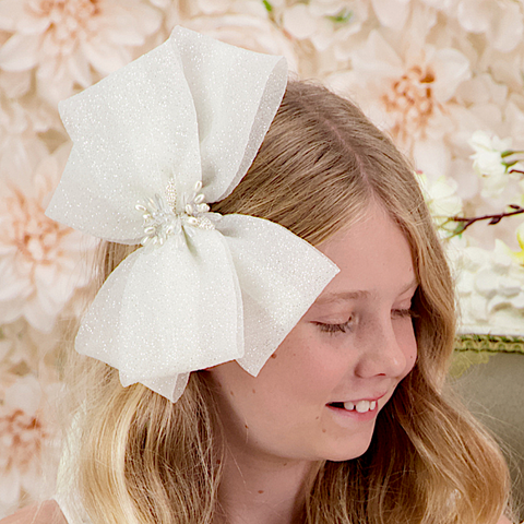 Luxury girls bow hair clip.  The Galena is handmade with sparkling chiffon and gathered with hand stitched crystals and pearls that glisten.  Perfect for kids birthday parties and special occasions