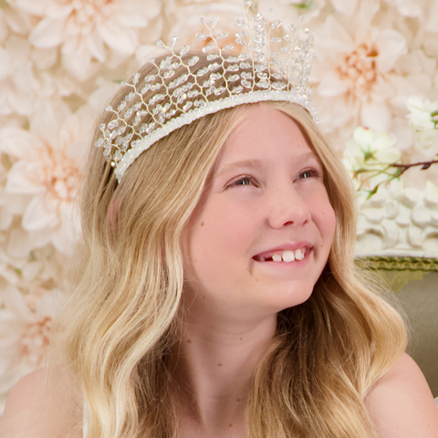 Best Designer Girls Crystal Princess Crown in white.  This childs tiara is handmade with clear cut crystals by Sienna Likes to Party the leading creaters of Luxury hair accessories for children