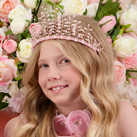 Best Designer Girls Crowns by Sienna Likes to Party handmade accessories.Handmade crystal and pearl princess crown with intricate detailing, designed for special occasions like weddings and parties."