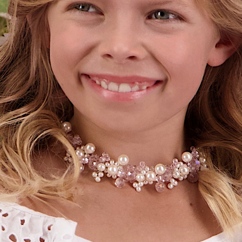 Designer Girls necklace by Sienna Likes to Party.  The Iris choker is hand threaded with pale pink crystal and pearl beads.  Designed and created by Sienna Likes to Party, luxury accessories for children