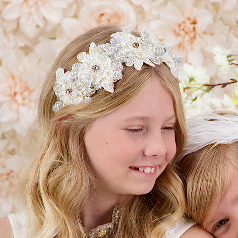 Elegant white lace flower headband adorned with silver crystals and mini pearl beads, perfect for enhancing a girl's special occasion attire.