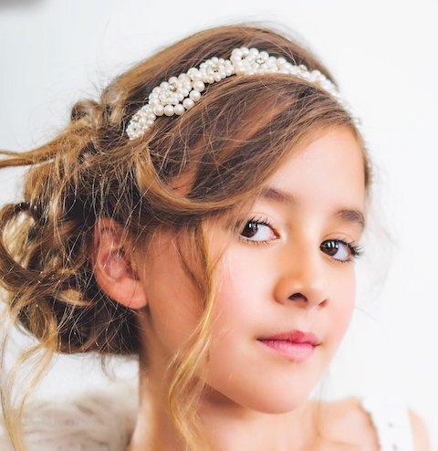 Designer Flower Girls  hair accessories in ivory pearls and Rhinestones, hand crafted by Sienna Likes to Party Designer Kids hair accessories