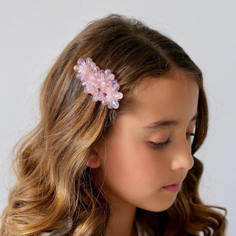 The Estee Luxury kids hair clip, is entirely handmade with pink crystals, Designed by Sienna Likes to Party, elegant hair accessories for children, perfect for birthday parties, weddings and special occasionwear.