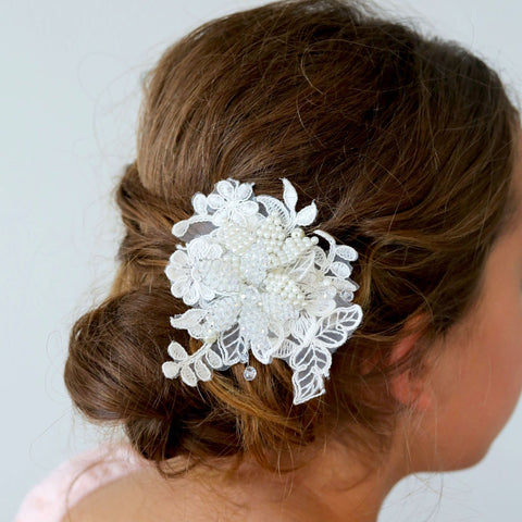 The Isadora Lace Luxury Hair Clip is uniquely handmade with white lace with ivory pearl and white crystal beads, perfect for flower girls, bridesmaids, wedding and special occasions