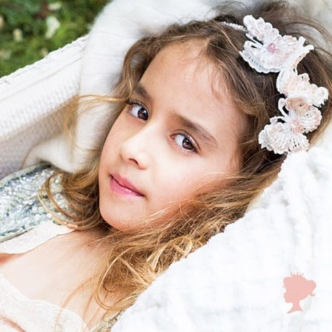 The Wings of Love Butterfly Designer Headband. Hand stitched and highly embelished with crystal and pearl beads, perfect for weddings, birthdays, and special occasions.
